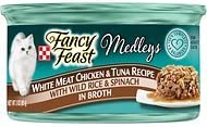 Fancy Feast Medleys Tastemakers White Meat Chicken & Tuna Recipe with Wild Rice & Spinach in Broth, 3-oz, case of 12
