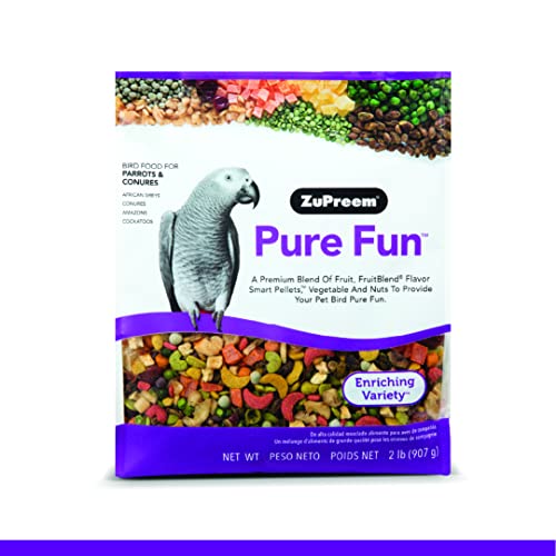 ZuPreem Pure Fun Bird Food for Parrots & Conures, 2 lb (Single or 2-Pack) - Blend of Fruit, FruitBlend Pellets, Vegetables, Nuts for Caiques, African Greys, Senegals, Amazons, Eclectus, Cockatoos
