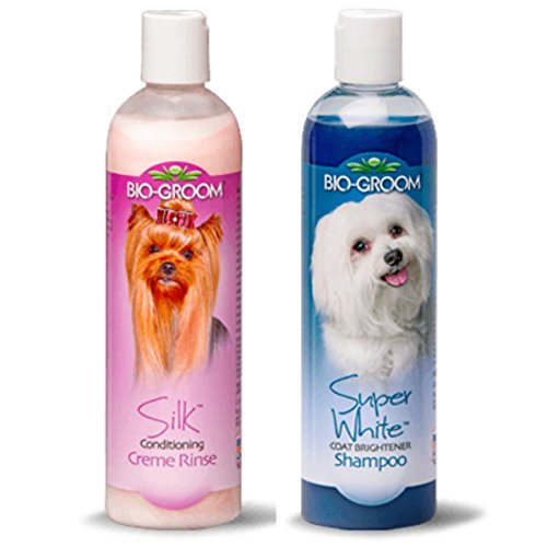 Bio-Groom Super White Coat Brightener Shampoo, 12 ounces, and Bio-Groom Silk Conditioning Creme Rinse, 12 ounces - Combo Pack for Dogs and Cats - 2 Items Total