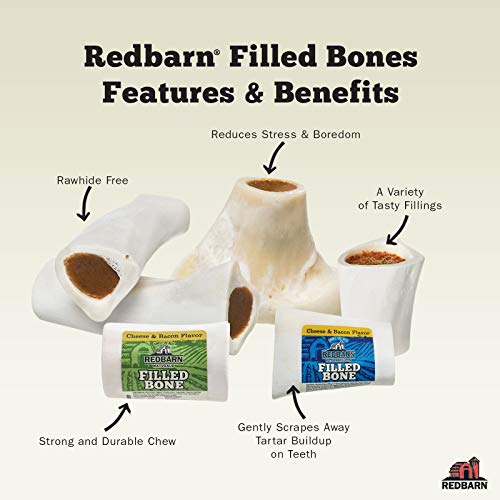 Redbarn 3 to 6" Filled Dog Bones (Peanut Butter, Cheese N' Bacon, Beef), Natural Long-Lasting Dental Treats; Suitable for Aggressive Chewers.