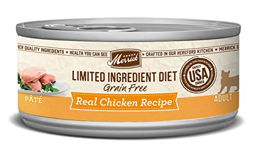 Merrick Limited Ingredient Diet Wet Cat Food, Grain Free Real Chicken Recipe Pate, for Adult Cats, Single-Source Protein with Vitamins & Minerals, 5-Ounce Can (Pack of 12)