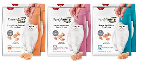 Purely Fancy Feast Natural Cat Treat Variety Pack, 3 Flavors (Chicken, Salmon, & Tuna), 6 Total Pouches