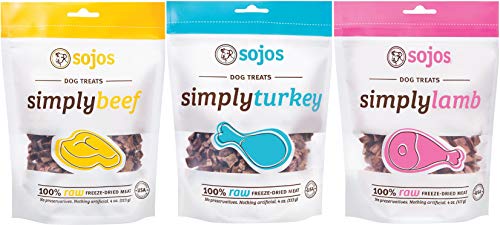 Sojos 100% Raw Freeze-Dried Meat Treats For Dogs 3 Flavor Variety Bundle: (1) Sojos Simply Beef 100% Raw Freeze-Dried Beef Treats, (1) Sojos Simply Lamb 100% Raw Freeze-Dried Lamb Treats, and (1) Sojos Simply Turkey 100% Raw Freeze-Dried Turkey Treats, 4