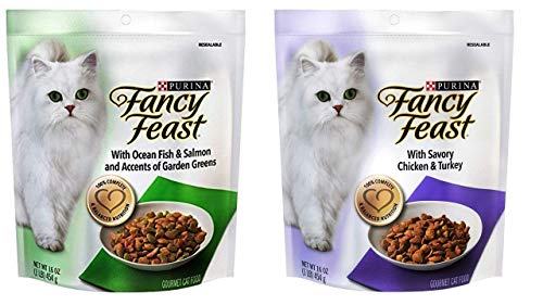 Fancy Feast Purina Gourmet Cat Food (2) Flavor Variety Bundle: (1) Ocean Fish & Salmon and Accents of Garden Greens, and (1) Savory Chicken & Turkey, 16 Ounces Each