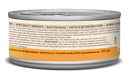 Merrick Limited Ingredient Diet Wet Cat Food, Grain Free Real Chicken Recipe Pate, for Adult Cats, Single-Source Protein with Vitamins & Minerals, 5-Ounce Can (Pack of 12)