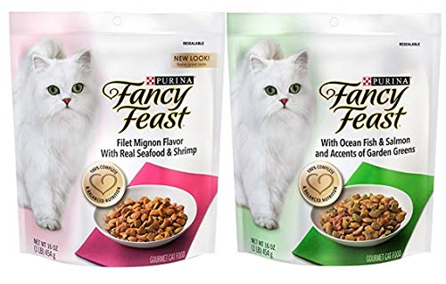 Fancy Feast Purina Gourmet Cat Food (2) Flavor Variety Bundle: (1) Filet Mignon with Real Seafood & Shrimp,and (1) Ocean Fish & Salmon and Accents of Garden Greens, 16 Ounces Each