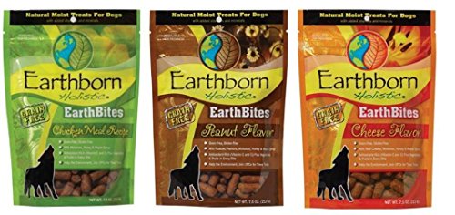 Earthborn Holistic EarthBites Grain-Free Gluten-Free Natural Moist Dog Treats Variety Bundle - 3 Flavors - Cheese, Peanut, and Chicken (7.5 oz. Each)