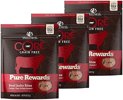 WELLNESS CORE Pure Rewards Natural Grain Free Dog Treats, Soft Jerky Bites, 4-Ounce Bag (Beef Jerky, (3 Pack) 4-Ounce Bag)