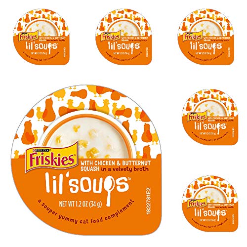 Purina 6 Individual containers of Friskies Lil Soups with Chicken and Butternut Squash in a Velvety Broth Lickable Cat Treats/Food Topper, 1.2-oz ea