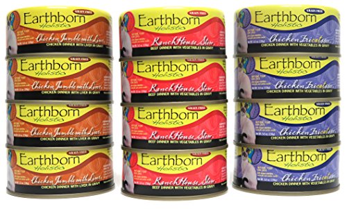 Earthborn Holistic Wet Cat Food Variety Pack - 3 Flavors (Chicken Jumble with Liver, RanchHouse Stew, and Chicken Fricatssee) - 5.5 Ounces Each (12 Total Cans)