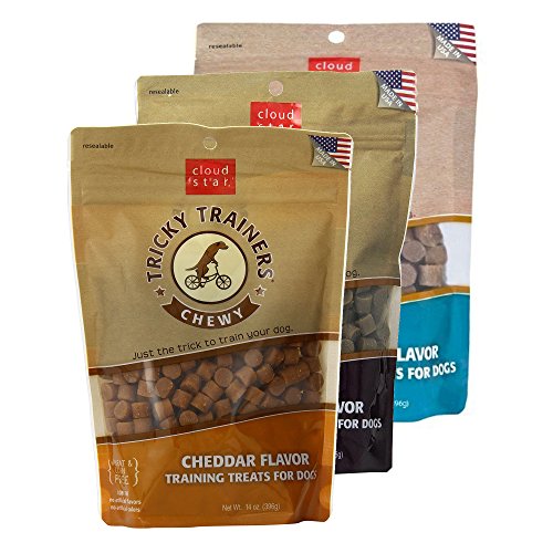 Cloud Star Chewy Tricky Trainers Training Treats for Dogs Variety 3 Pack - 1 Cheddar - 1 Liver - 1 Salmon - 14 oz Each