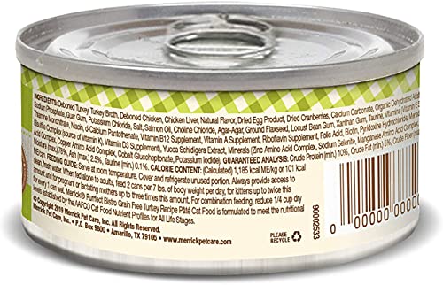 Merrick Purrfect Bistro Canned Wet Cat Food, Turkey Recipe Pâté, Grain Free Natural Cat Food with Added Vitamins & Minerals for All Life Stages, 3 OZ Can (Pack of 12)