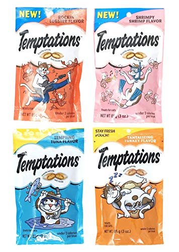 Temptations Cat Treats Variety Pack Bundle of 4 Flavor Pouches (Rockin’ Lobster, Shrimpy Shrimp, Tempting Tuna, Tantalizing Turkey; 3 oz Each)