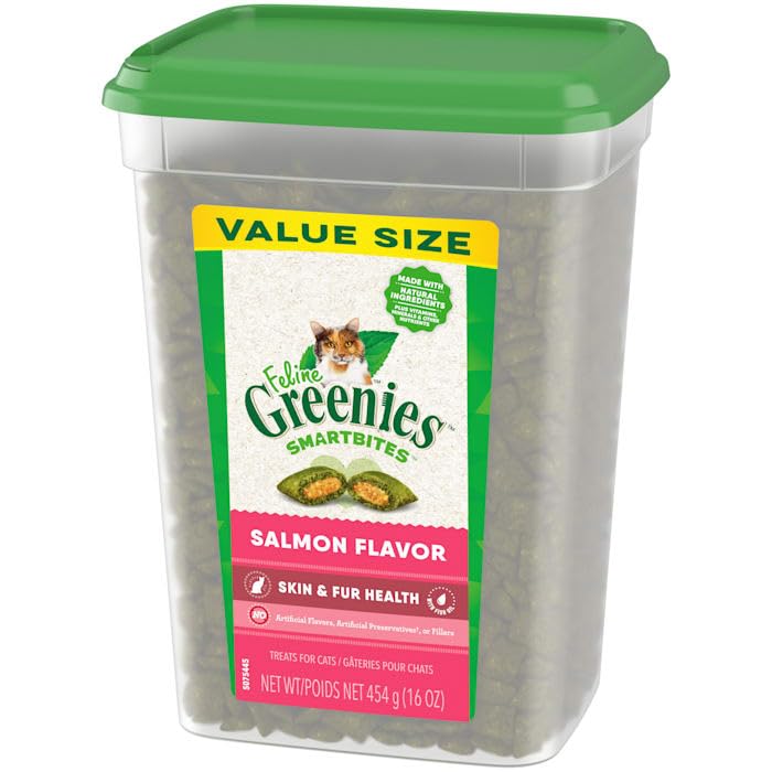 Greenies Feline Smartbites Soft Textured Skin and Fur, Salmon Flavored Cat Treats, 16 oz.