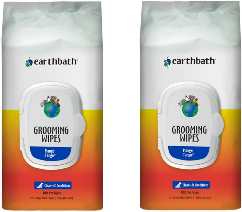 Earthbath Pet Mango Tango Grooming Wipes - Easily Wipe Away Dirt and Odor, Aloe Vera, Vitamin E, Good for Dogs and Cats - Handily Clean Your Pets' Dirty Paws and Undercoat - 100 Count, Pack of 2
