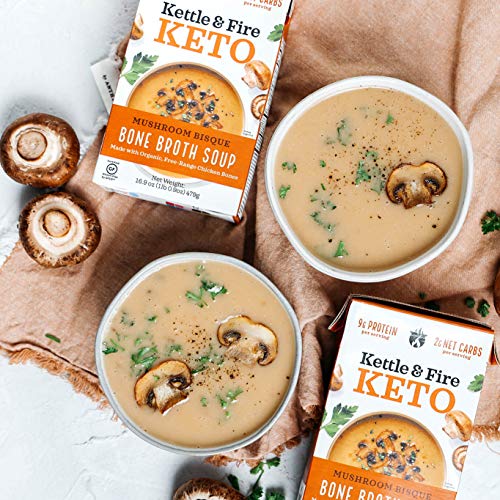Keto Soup by Kettle and Fire, Cream of Mushroom Bisque Soup, Pack of 3, Gluten Free, Paleo Friendly, Collagen Soup on the Go, 9g of Protein, 16.9 fl oz