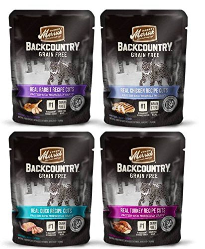 Merrick Backcountry Grain Free Protein-Rich Cat Food 4 Flavor Variety 8 Pouch Bundle: (2) Real Rabbit, (2) Real Chicken, (2) Real Duck, and (2) Real Turkey, 3 Oz. Ea. (8 Total)