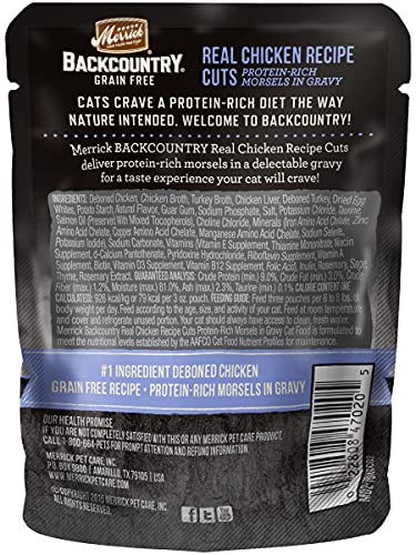 Merrick Backcountry Natural Wet Cat Food, Real Chicken Recipe Cuts with Added Vitamins & Minerals, Protein-Rich Morsels in Gravy, Grain Free Recipe, 3 OZ Pouch (Pack of 12)