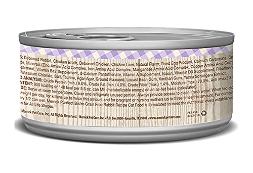 Merrick Purrfect Bistro Canned Cat Food, Rabbit Pâté Recipe, Grain Free Natural Cat Food with Added Vitamins & Minerals, for All Life Stages, 5.5 OZ Can (Pack of 12)