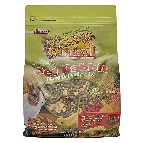F.M. Brown's Tropical Carnival Natural Rabbit Food, 4-lb Bag - Vitamin-Nutrient Fortified Daily Diet with High Fiber Timothy Hay and Alfalfa Pellets for Optimum Digestion