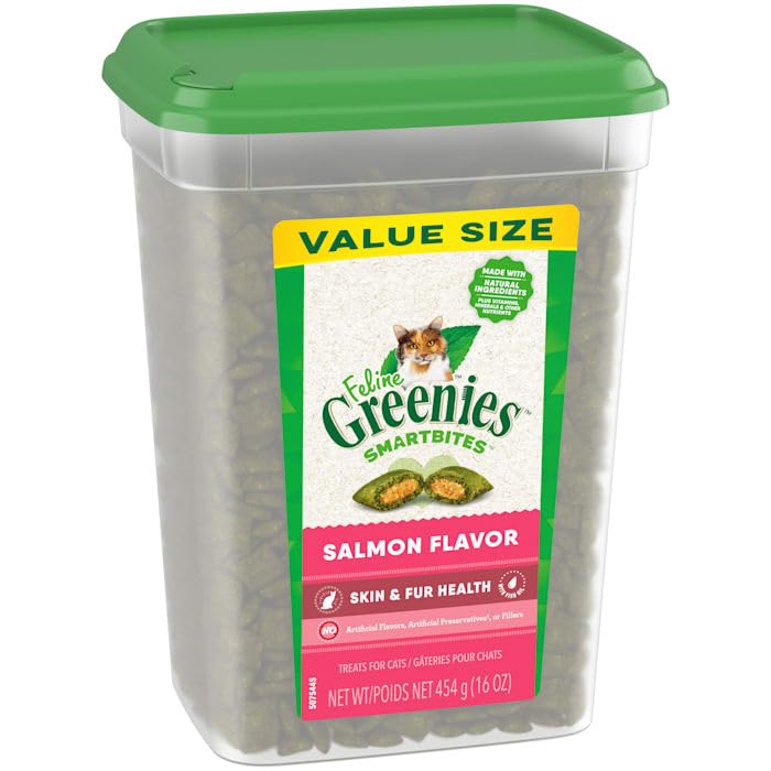 Greenies Feline Smartbites Soft Textured Skin and Fur, Salmon Flavored Cat Treats, 16 oz.