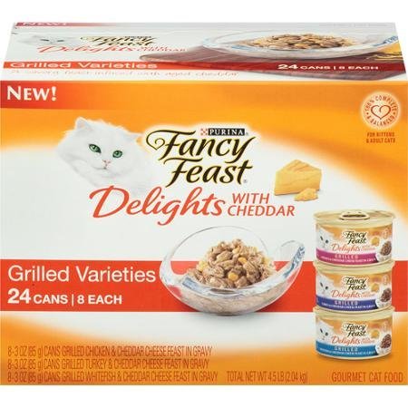Purina Fancy Feast Delights with Cheddar Grilled Varieties Cat Food 24-3 oz. Cans [8 each: Chicken, Turkey, & Whitefish]