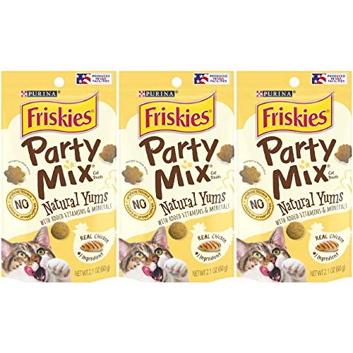 3 Bags of Friskies Party Mix Natural YUMS with Real Chicken Cat Treats, 2.1-oz ea