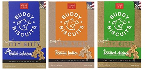 Buddy Biscuits Original Itty Bitty All Natural Treats For Dogs 3 Flavor Variety Bundle: (1) Buddy Biscuits Itty Bitty All Natural Peanut Butter, (1) Buddy Biscuits Itty Bitty All Natural Bacon Cheese, and (1) Buddy Biscuits All Natural Roasted Chicken, 8