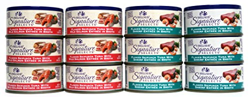 Wellness Natural Grain Free Signature Selects Flaked Wet Cat Food Variety Pack Box - 2 Flavors (Wild Salmon & Shrimp) - 2.8 Ounces Each (12 Total Cans)