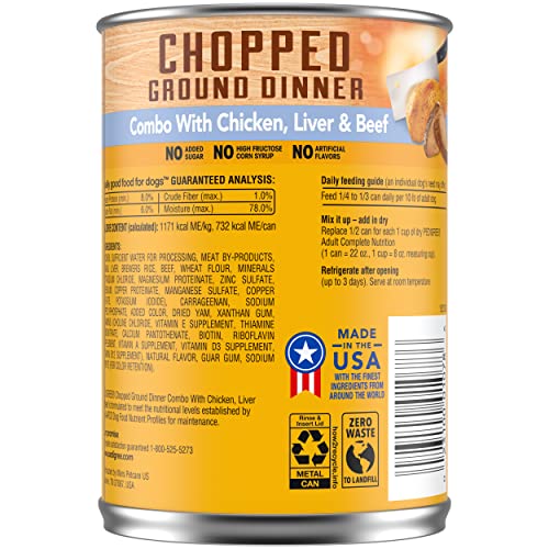 Pedigree Adult Canned Wet Dog Food Chopped Ground Dinner Combo with Chicken, Beef & Liver Flavor, 22 oz. Cans (Pack of 12)