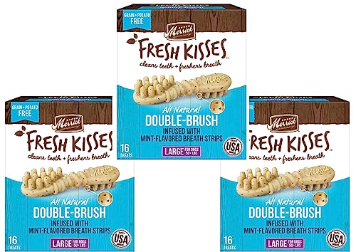 Merrick Fresh Kisses Mint Double-Brush Dental Treats - Large 16 Count - Pack of 3