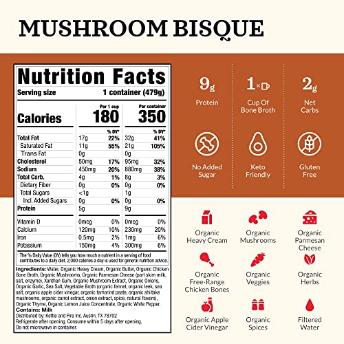 Keto Soup by Kettle and Fire, Cream of Mushroom Bisque Soup, Pack of 3, Gluten Free, Paleo Friendly, Collagen Soup on the Go, 9g of Protein, 16.9 fl oz