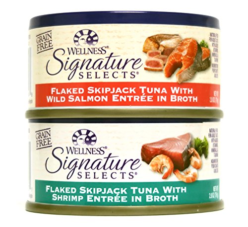 Wellness Natural Grain Free Signature Selects Flaked Wet Cat Food Variety Pack Box - 2 Flavors (Wild Salmon & Shrimp) - 2.8 Ounces Each (12 Total Cans)