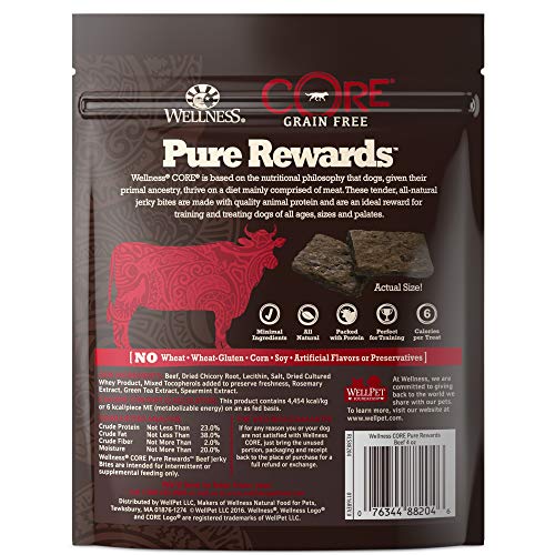 WELLNESS CORE Pure Rewards Natural Grain Free Dog Treats, Soft Jerky Bites, 4-Ounce Bag (Beef Jerky, (3 Pack) 4-Ounce Bag)