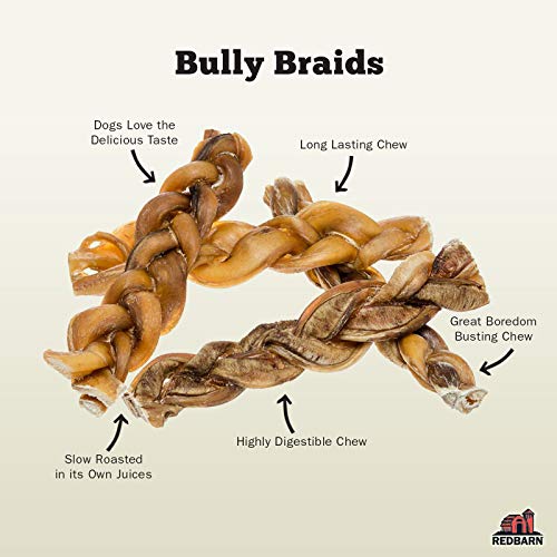 Redbarn 7" Braided Bully Sticks for Dogs. Natural, Grain-Free, Highly Palatable, Long-Lasting Dental Chews Sourced from Free-Range, Grass-Fed Cattle (3 Sticks)