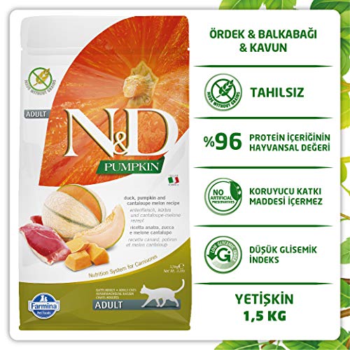 Farmina N&D, Pumpkin Duck Pumpkin and Cantaloupe Melon Recipe Adult Dry Cat Food, 3.3lb