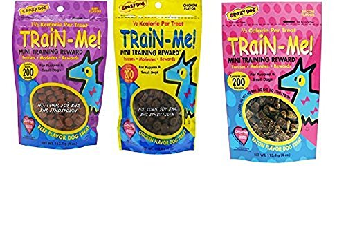 Crazy Dog MINI Train-Me! Training Reward Dog Treats 3 Flavor Variety Bundle: (1) Bacon Flavor, (1) Chicken Flavor, and (1) Beef Flavor, 4 Oz. Ea. (3 Bags Total)