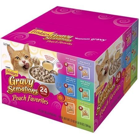 Friskies Wet Cat Food Variety Packs of 24 (Gravy Sensations Pouch Favorites 3 oz Pouches)