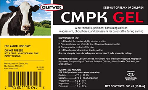 Durvet CMPK Gel. Concentrated Calcium-Mineral Supplement for Cattle. Helps Prevent Milk Fever in Dairy Cows When Calving. Convenient Easy-Dose Oral Gel. Safe. No Withdrawal. 300 ml Tube.