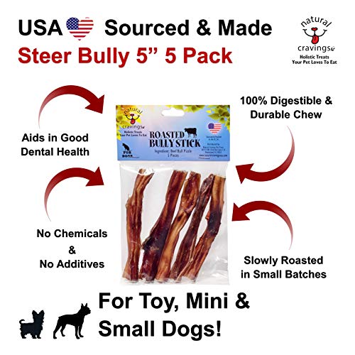 Natural Cravings USA Roasted Bully Sticks for Dogs | All Natural, Odor Free, High Protein | Premium Quality Chew | 5"