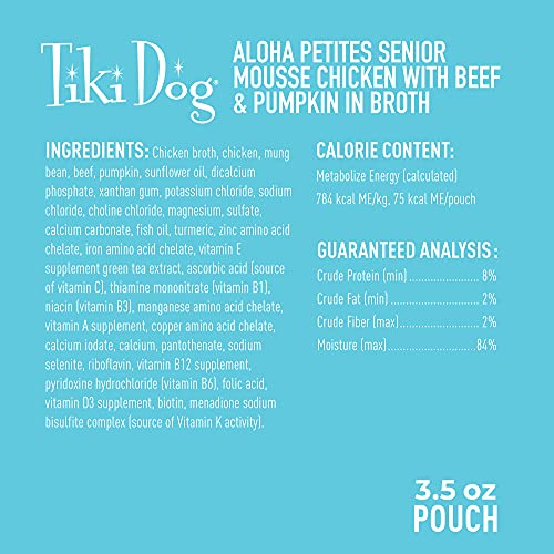 Tiki Dog Aloha Petites Senior Mousse Grain Free, with Beef and Pumpkin in Broth, Wet Food for Adult Dogs 3 oz pouch, (Pack of 12)