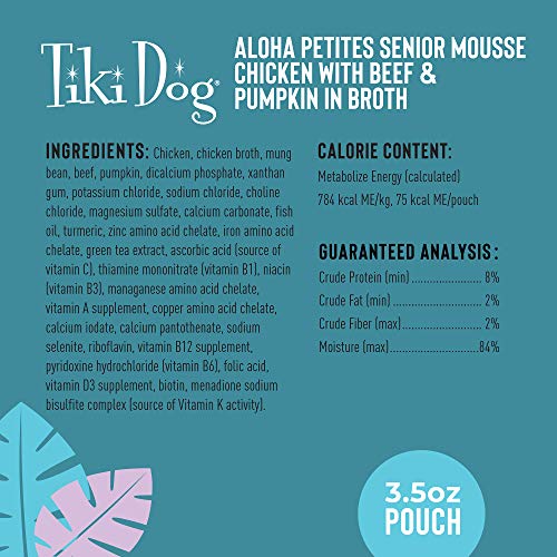 Tiki Dog Aloha Petites Senior Mousse Grain Free, with Beef and Pumpkin in Broth, Wet Food for Adult Dogs 3 oz pouch, (Pack of 12)