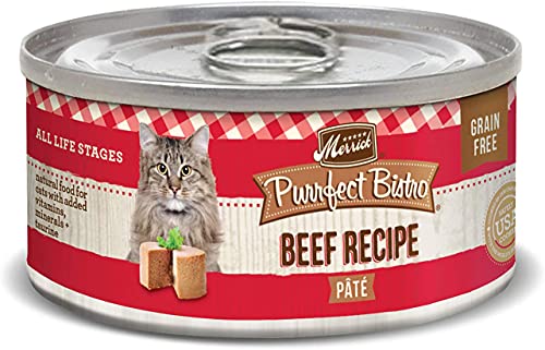 Merrick Purrfect Bistro Canned Wet Cat Food, Beef Recipe Pâté, Grain Free Natural Cat Food with Added Vitamins & Minerals for All Life Stages, 3 OZ Can (Pack of 12)