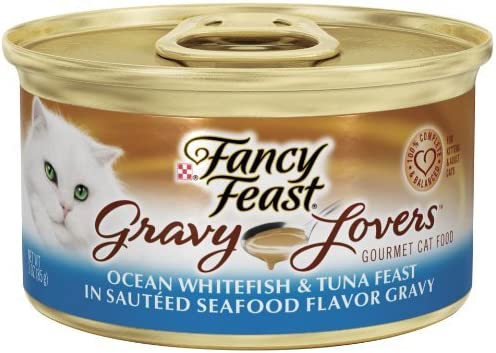 Purina Fancy Feast Wet All Natural Canned Cat Food Ocean Whitefish and Tuna Feast in Sauteed Seafood Flavor Gravy Lovers 3-OZ/12 Cans