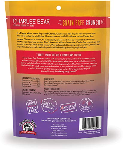 Charlee Bear Grain Free Bear Crunch Dog Treats 2 Flavor Variety Bundle: (2) Bacon & Blueberry Flavor and (2) Turkey, Sweet Potato & Cranberry Flavor, 8 Ounces Each (4 Pack)