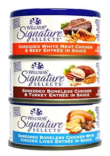 Wellness Natural Grain Free Signature Selects Shredded Wet Cat Food Variety Pack Box - 3 Flavors (Chicken, Beef, & Turkey) - 2.8 Ounces Each (12 Total Cans)
