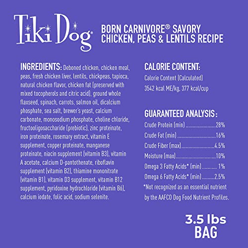 Tiki Dog Born Carnivore for Dogs, Savory Chicken, Peas & Lentils Recipe, Grain Free Baked Kibble for Maximum Nutrition, for Adult Dogs Breed Dogs, 10 lbs Bag