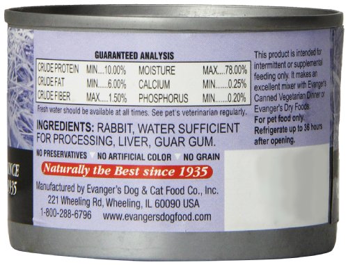 Evanger'S 776255 24-Pack Grain Free 100-Percent Rabbit For Dogs And Cats, 6-Ounce