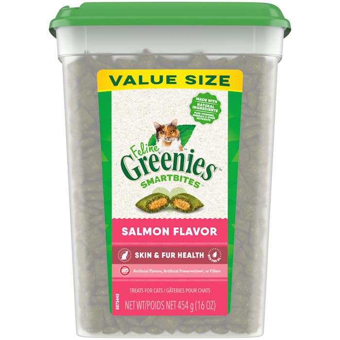 Greenies Feline Smartbites Soft Textured Skin and Fur, Salmon Flavored Cat Treats, 16 oz.