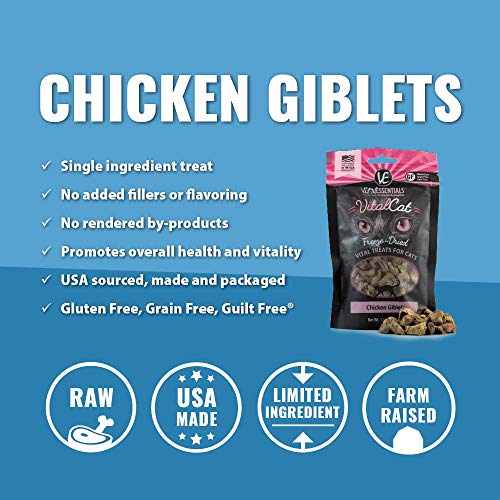 Vital Cat Freeze Dried Chicken Giblets Treats - All Natural - Essential Amino Acids Promotes Healthy Weight - Made in USA - Grain & Gluten Free 1 oz Pkg - 3 Pk